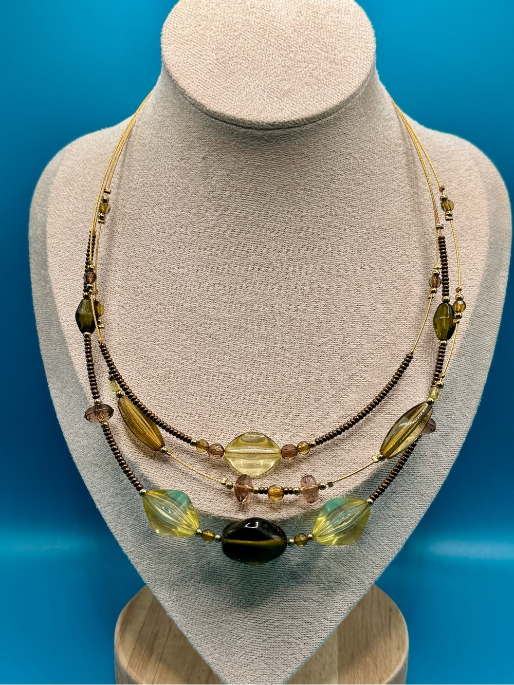 NWOT 3-Strand Beaded Illusion Olive Green and Amber Beaded Necklace